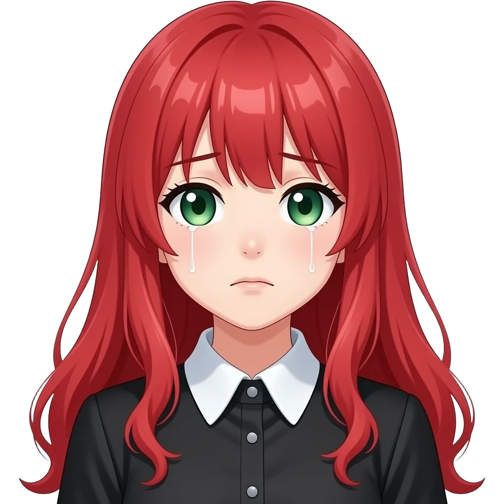 anime girl, grieving, red hair, green eyes, black blouse with white collar emoji