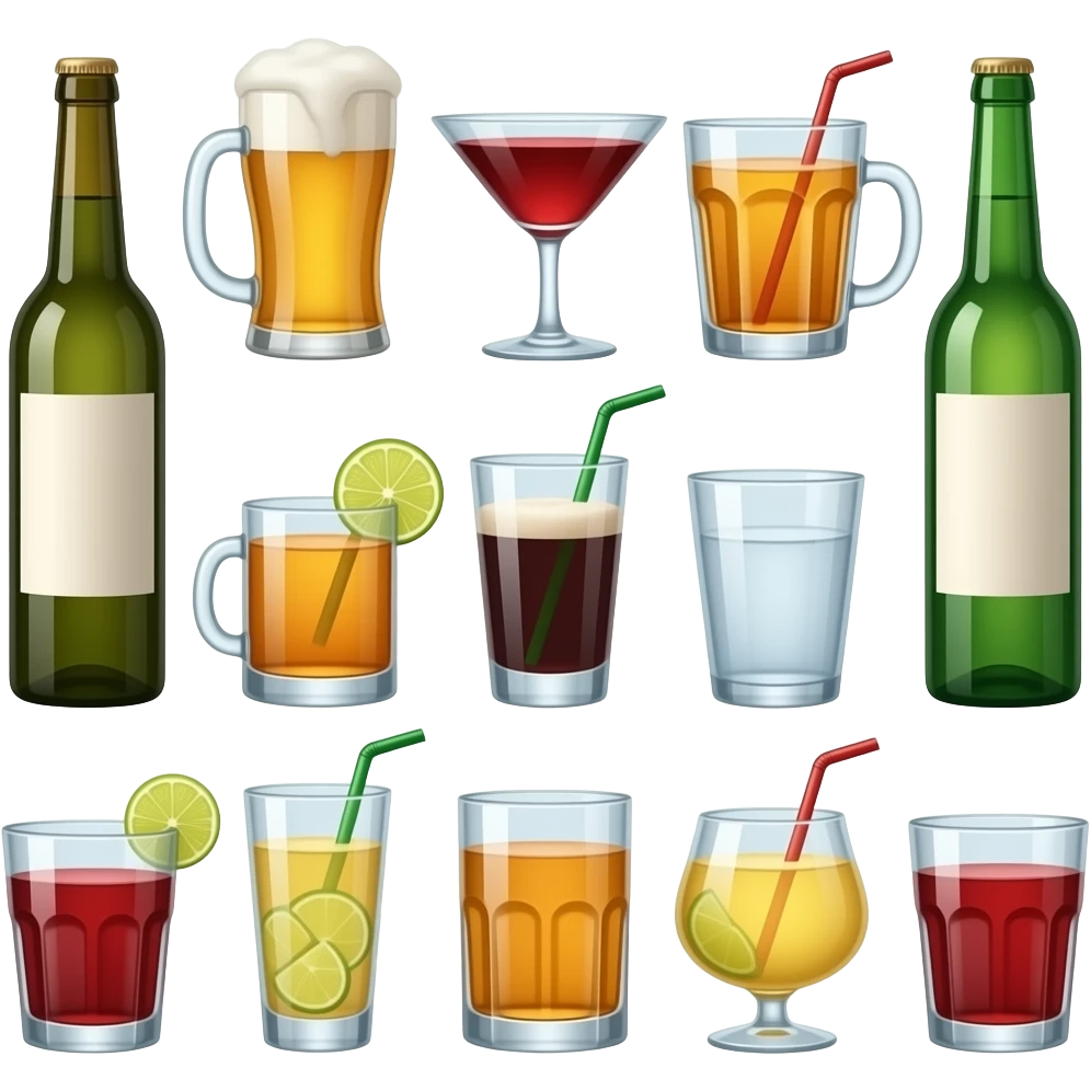 scutterbotch (multiple different drinks) beer wine tequila rum vodka gin poured in different glasses emoji