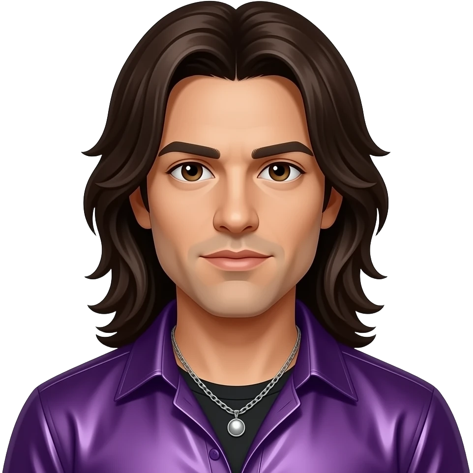 Jonathan Davis with dark brown eyes, long dark brown hair, purple metallic shirt, silver necklace emoji