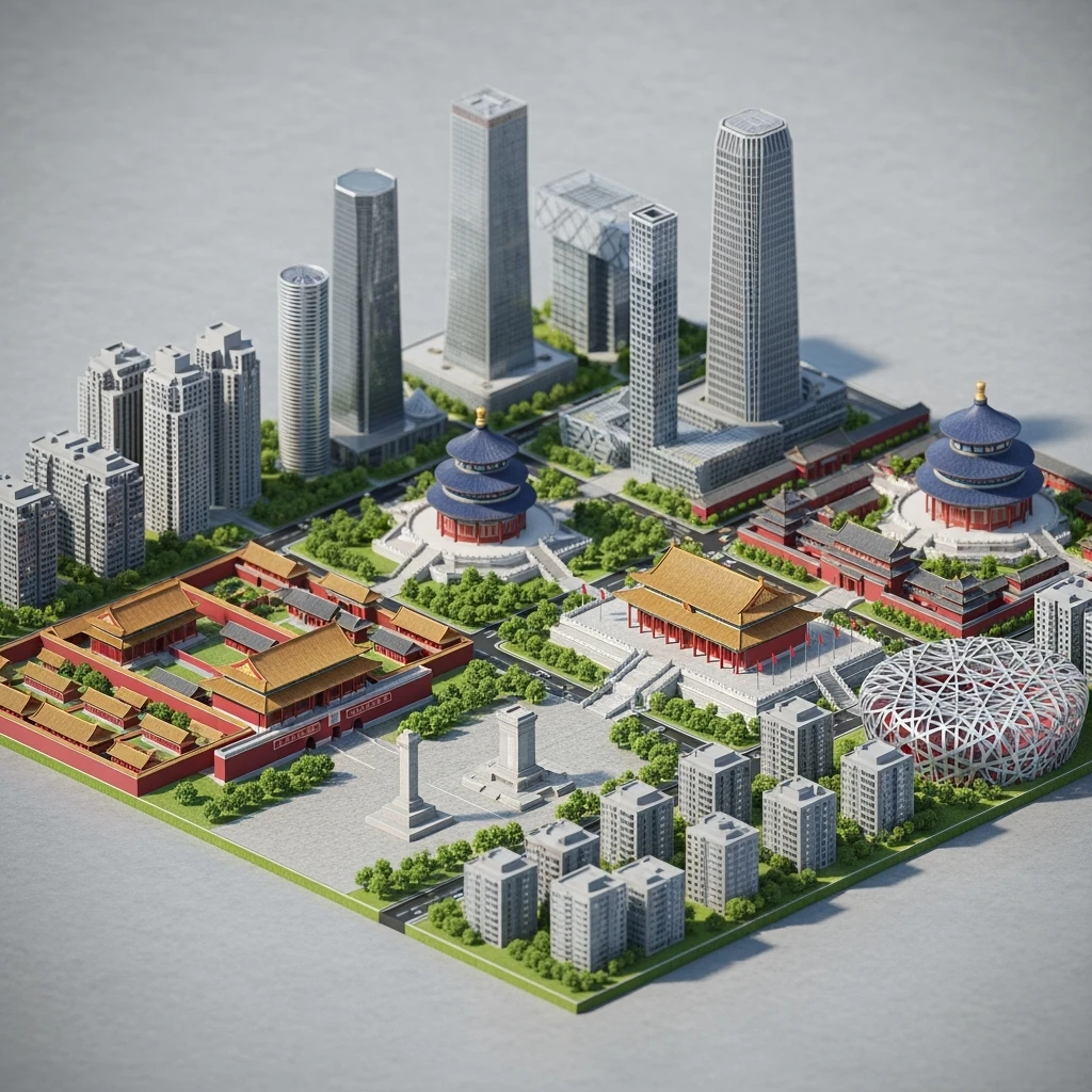 Isometric miniature of Beijing Forbidden City, Tiananmen Square, CCTV Headquarters, Temple of Heaven, China Zun skyscraper, Bird’s Nest Stadium, Beijing apartment blocks, 3D miniature effect and Tilt Shift effect, no cartoonish look, transparent background, don't cut angles emoji