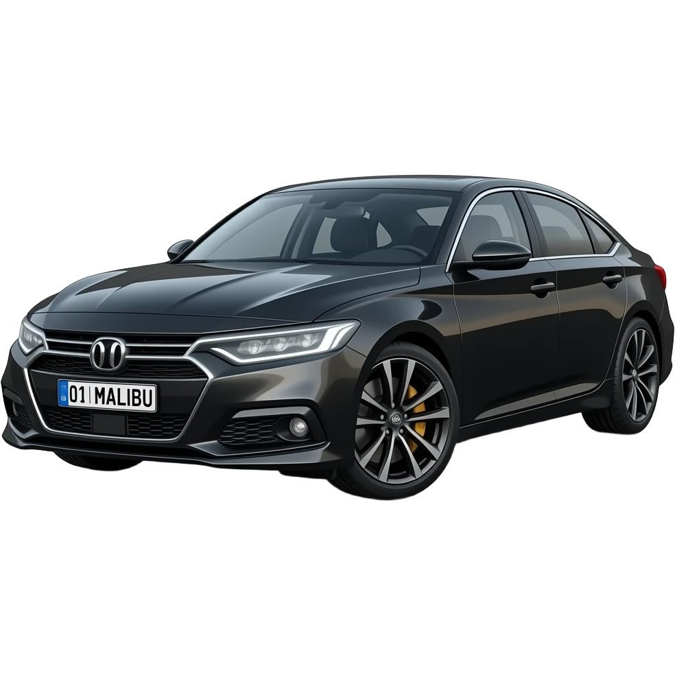 A realistic icon emoji of a metallic black sedan Spark, front wheels steered to the left, dark charcoal tint windows, black alloy 5-spoke rims, Dynamic white glow LED headlights with glowing effect, uzbekistan flag, number texts "01 | MALIBU" in plate emoji