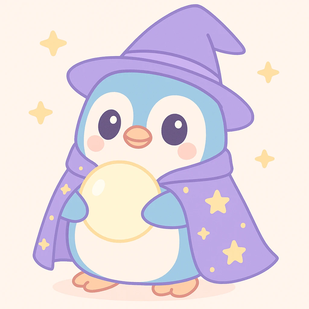 chubby penguin in wizard attire, starry cloak, glowing orb, wise and friendly expression, cute style emoji