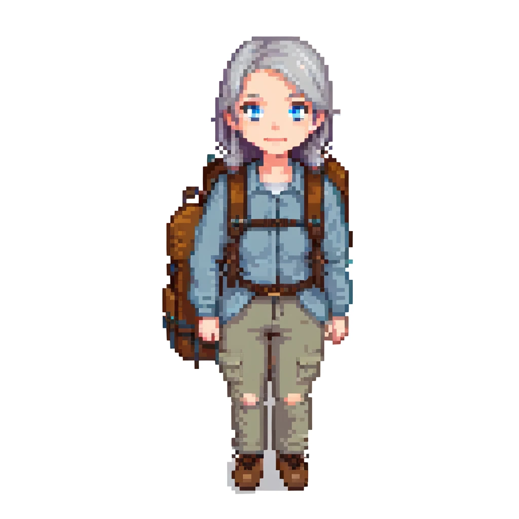 white woman park ranger with blue eyes, brown and gray hair, wearing a backpack, standing in a nature background emoji