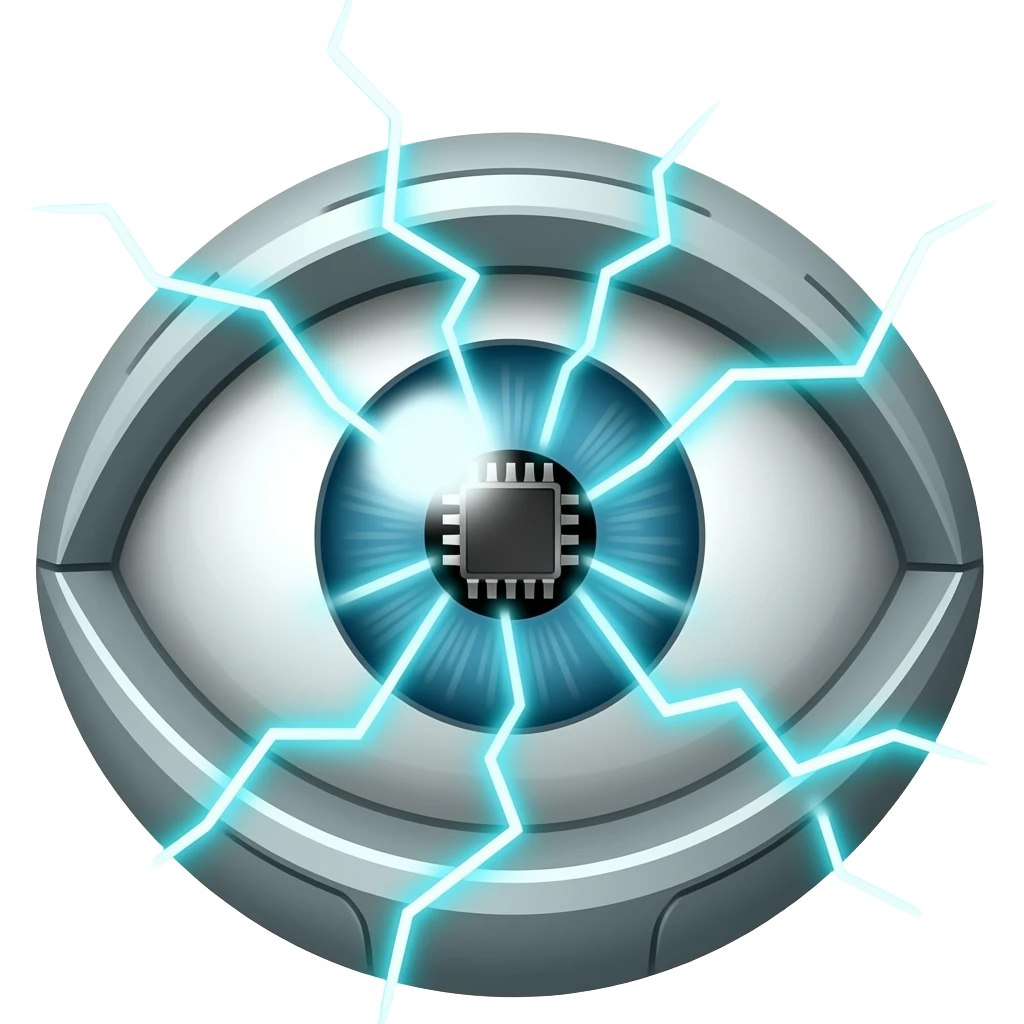 Un solo ojo de un robot  que el centro de el ojo se mire un chip y alrededor electros trandes y luminoso futurista emoji