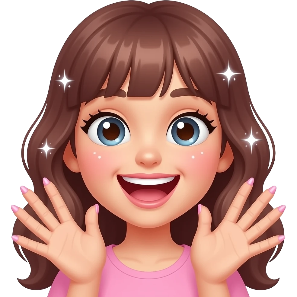 aesthetic emoji girl, talking a lot, open mouth smiling, expressive hands, trendy nail design, soft pink tones, sparkles around, lively energy, soft glam makeup, clean background, girly aesthetic, 3D emoji style, high detail emoji