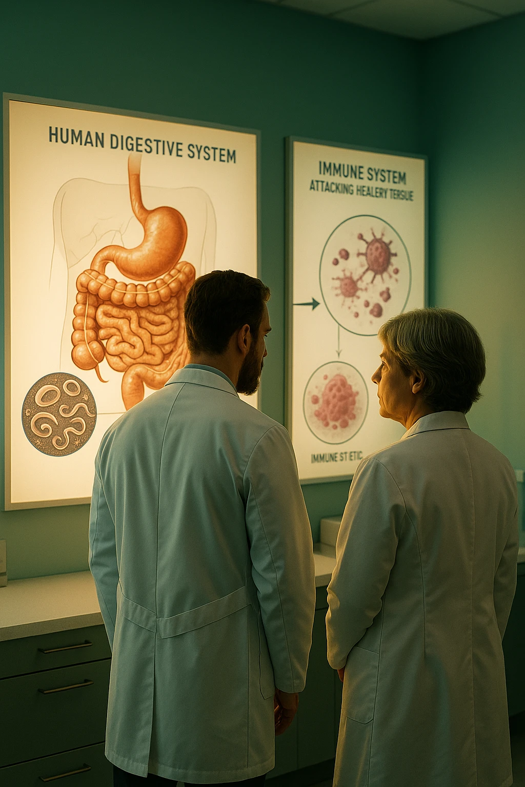 In italiano Realistic, detailed photo taken from behind of two doctors—a bearded man and a middle-aged woman—standing side by side in a modern medical office, intently studying a large, illuminated medical chart on the wall. The chart displays a detailed diagram of the human digestive system, highlighting the intestines and showing microscopic images of intestinal parasites. Next to it, another chart illustrates the immune system attacking healthy tissues, visually connecting gut parasites to autoimmune disease mechanisms. The room is bathed in a single green-blue color, with a warm, yellow-orange light casting soft shadows around the doctors. Both wear white coats and have serious, focused expressions, suggesting a deep discussion about the root causes of autoimmune conditions. Shot with a Canon EOS R5, with high detail, natural depth of field, and a clinical yet dramatic atmosphere. emoji