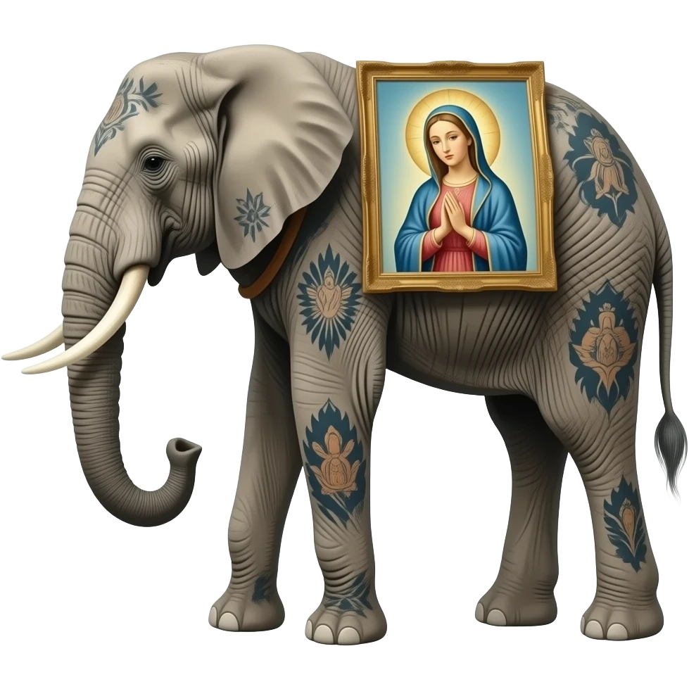 cinematic surrealistic - a tattooed elephant with very thin long legs from Salvador Dali's paintings carries an ethereal Madonna on its back emoji