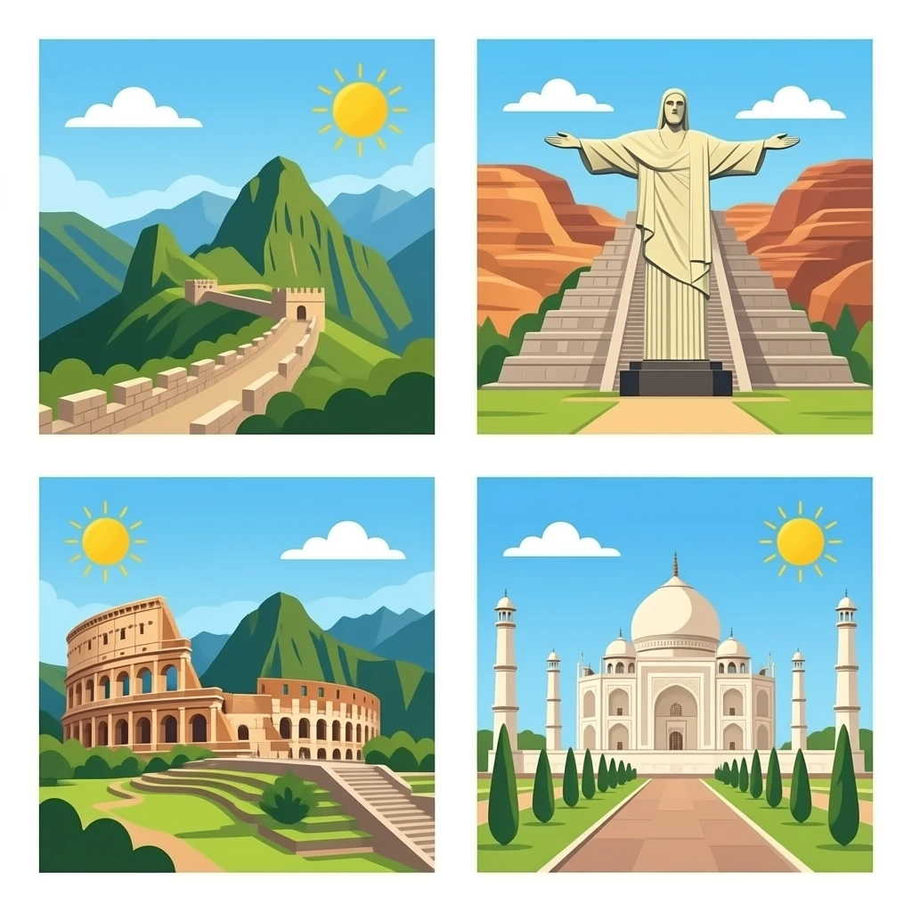 7 wonders of the world : Great Wall of china, chichen itza, Petra, Machu Picchu, Christ the redeemer, colosseum, and taj mahal emoji