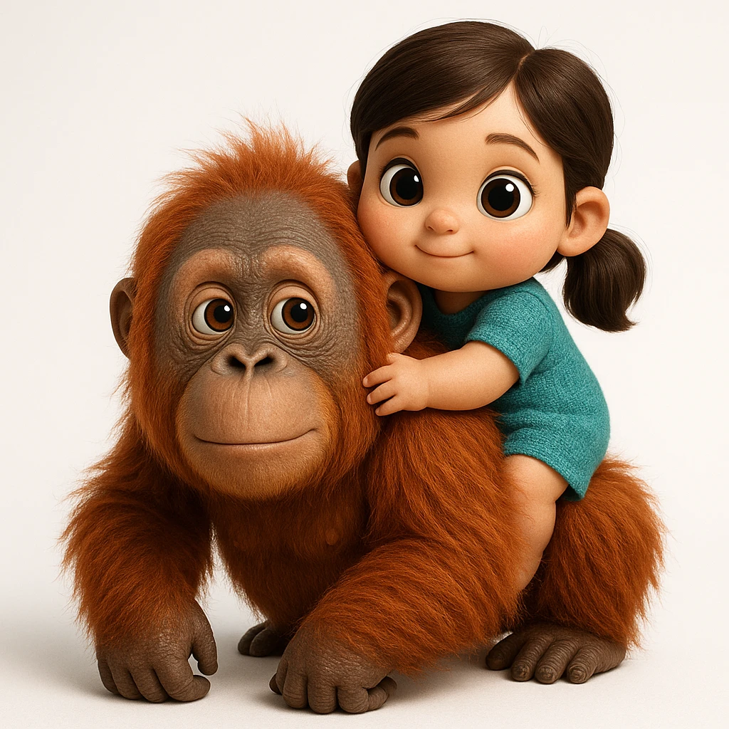 {
  "rendering": "3D rendered digital illustration",
  "materials": "high-detail textures with realistic material rendering",
  "lighting": "studio lighting with soft diffused shadows",
  "shading": "soft ambient occlusion, subsurface scattering on skin",
  "forms": "rounded smooth forms",
  "background": "clean white background",
  "eyes": "glossy reflective eyes",
  "colors": "vibrant saturated colors",
  "surface_detail": "detailed surface textures including fur strands and fabric weave",
  "animal_proportions": "naturalistic proportions for animals and objects",
  "human_proportions": "cute stylized proportions with large expressive eyes for human characters only",
  "subject": "orangoutang"
} emoji