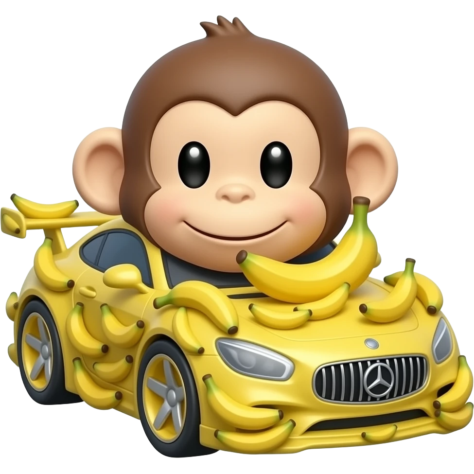 Мавп'яча машинка з тачок, вона спорткар, прикрашена бананами і хутром, ззаду звіст стирчить emoji