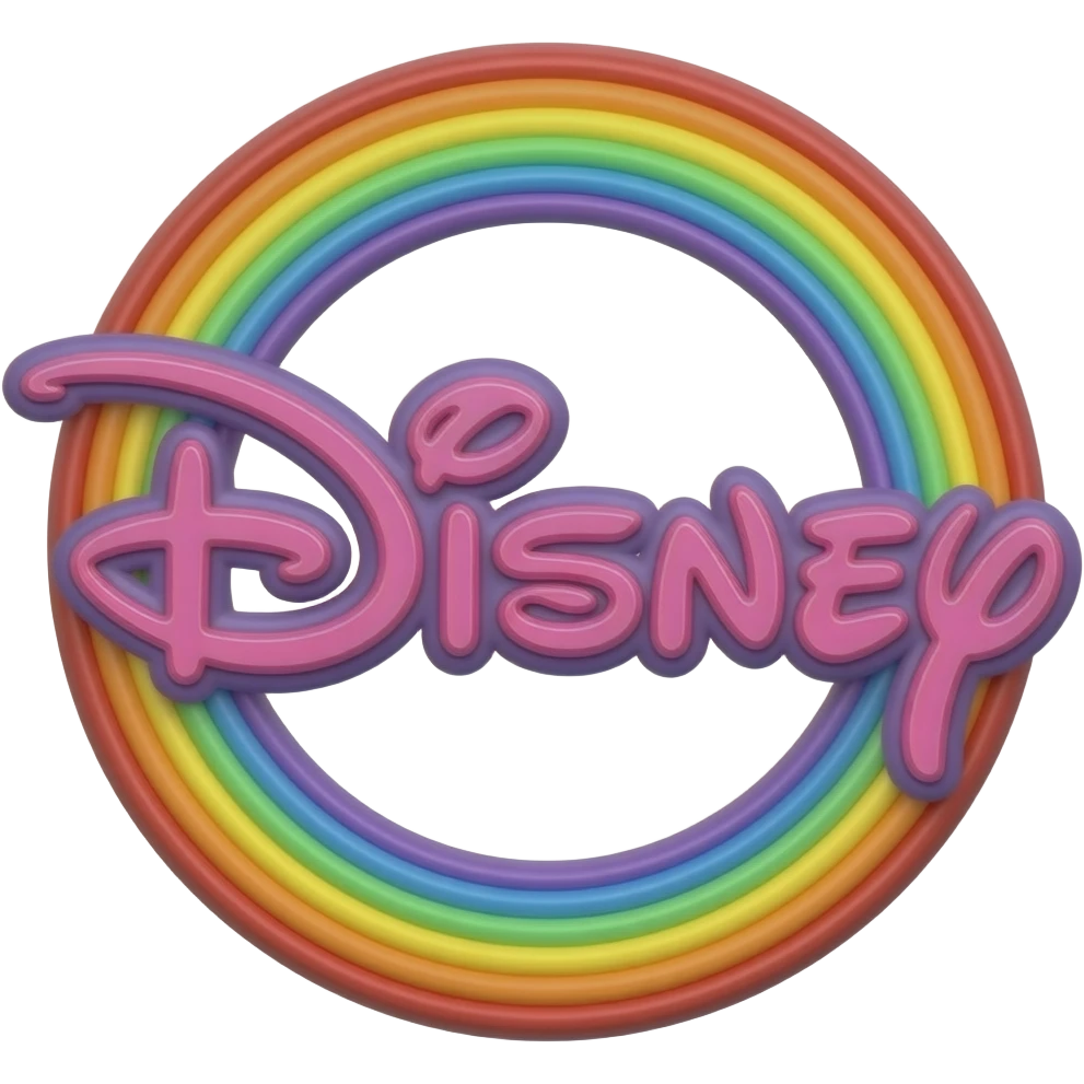 name "disney" in neon pink 3D style typography lettering, each color of the rainbow as a border outlined around each letter, isolated, 3d rendering, no emoji icons no emoji faces and must have no human figures emoji