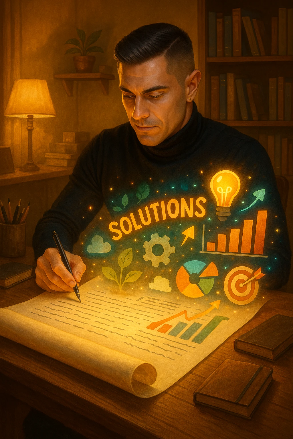 Un uomo concentrato, seduto alla sua scrivania in una stanza con luce calda, sta scrivendo su un enorme foglio di carta che si espande magicamente davanti a lui. Mentre scrive, le parole si trasformano in elementi visivi tridimensionali che rappresentano le soluzioni ai suoi problemi emoji