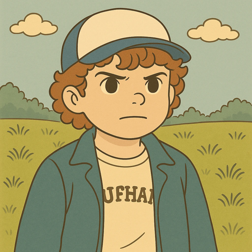 Replace Eleven from the first season with Dustin, keeping a determined expression, simple and delicate line art as in the reference image, colored in pastel tones, with thick and dark outlines, in Ghibli style, square format 1:1. emoji