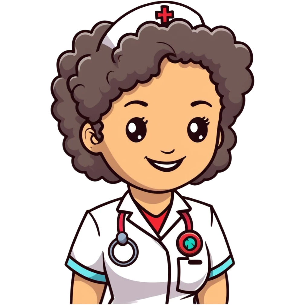 Latina nurse with curly hair, smiling, nurse outfit emoji