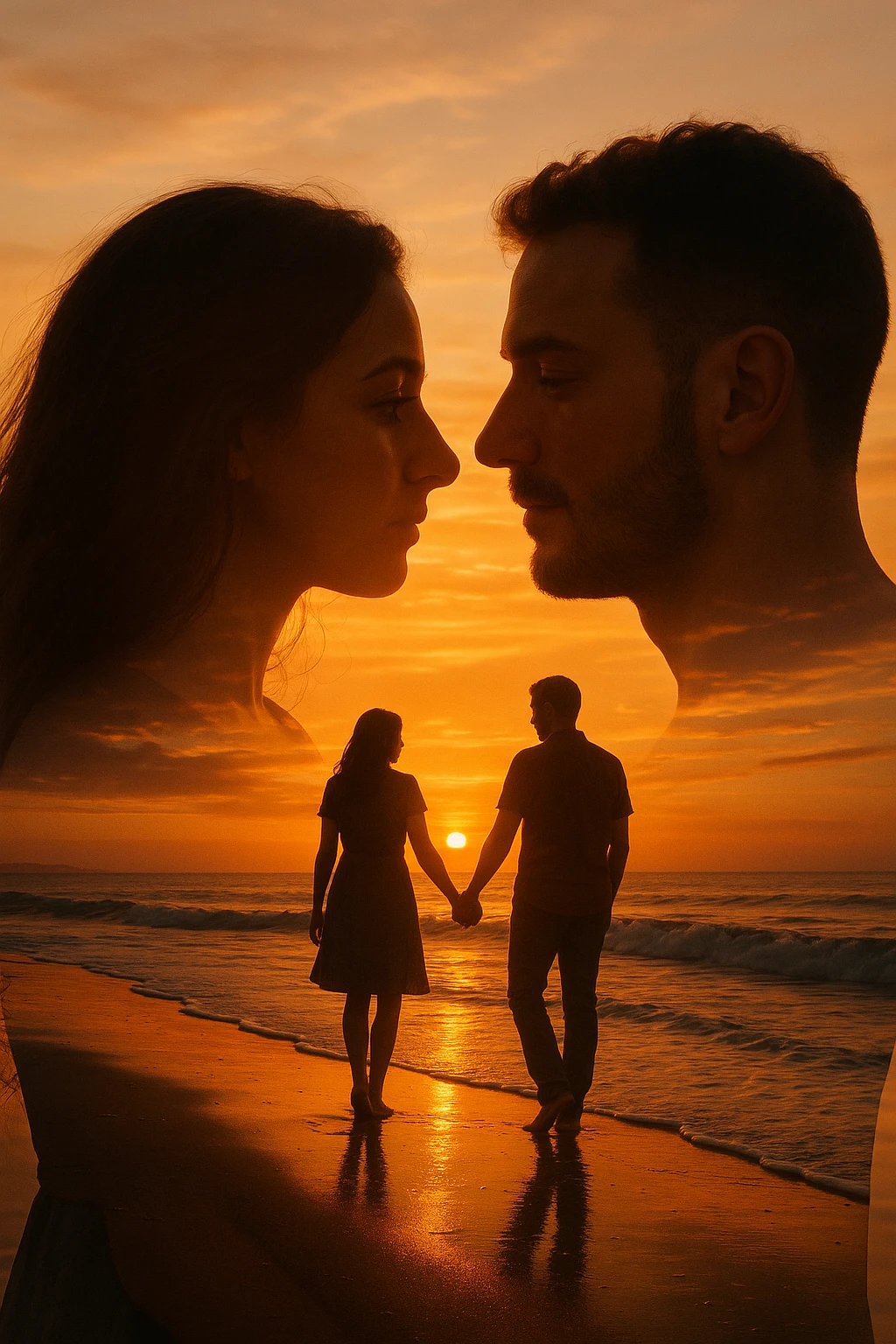Una doppia esposizione cinematografica di noi di profilo, con un paesaggio di spiaggia al tramonto integrato nella silhouette.
La scena interna ci mostra entrambi camminare sulla sabbia bagnata, tenendoci per mano, con le onde del mare che si infrangono è facile e un cielo colorato dagli ultimi raggi di sole. Atmosfera calda e intima, toni dorati arancioni, dettagli fini ed espressivi, risoluzione 8K. emoji