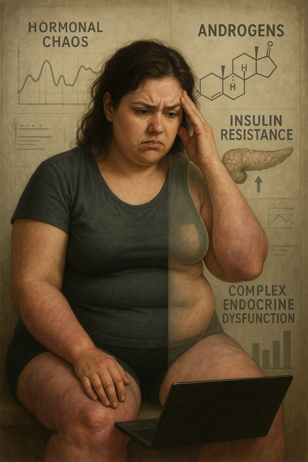 cinematic realistic in italiano Woman with PCOS struggling with hormonal chaos, transparent overlay showing elevated androgens and insulin resistance affecting her body, lipedema causing disproportionate fat accumulation in legs and arms despite normal torso, expression of frustration with unexplained weight gain, medical charts showing complex endocrine dysfunction, painful swollen limbs contrasting with metabolic confusion in italiano emoji