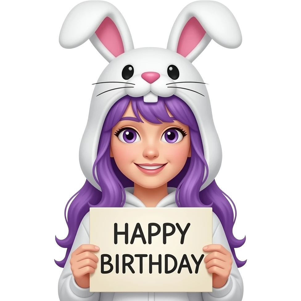 girl with long purple hair wearing a easter costume holding a HAPPY BIRTHDAY sign emoji