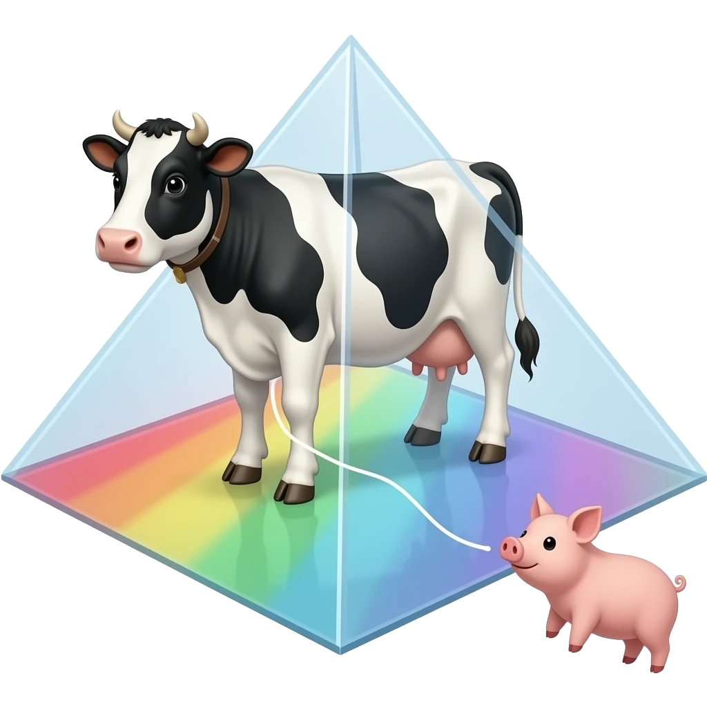 a black and white cow stands inside a glass pyramid floating in space and shining with rainbow colors, outside the pyramid floats a small pig connected to the cow emoji