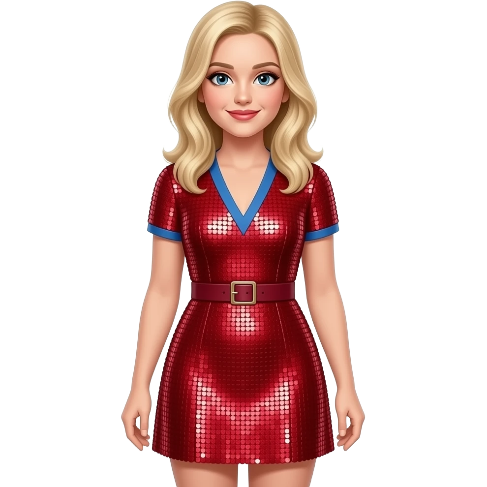 Sabrina Carpenter blonde hair wears a cherry-red mini dress completely saturated with shimmering sequins, giving it a high-shine, liquid-like finish. The design includes a blue V-neckline and short sleeves. A matching slim burgundy belt with a small buckle cinches the waist emoji