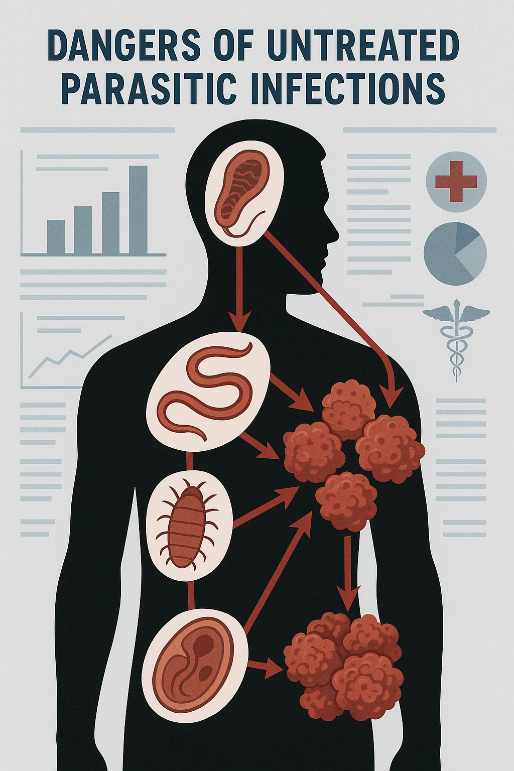 a man’s silhouette is filled with stylized images of parasites and tumor cells, connected by red lines or arrows to show cause and effect. The background features a medical chart or infographic about the dangers of untreated parasitic infections. The overall tone is serious and educational. emoji