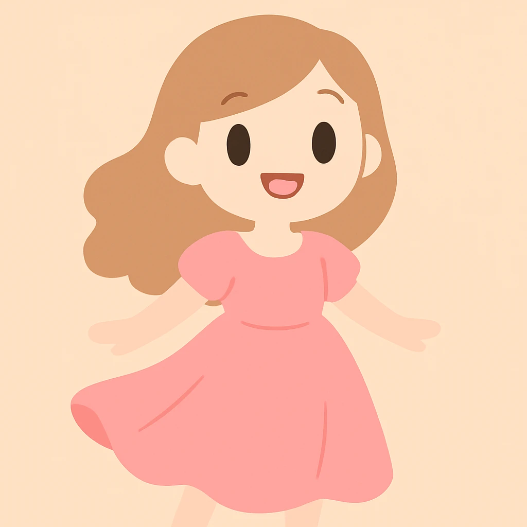 a beautiful white girl in a flowing pink dress, smiling, pastel background emoji