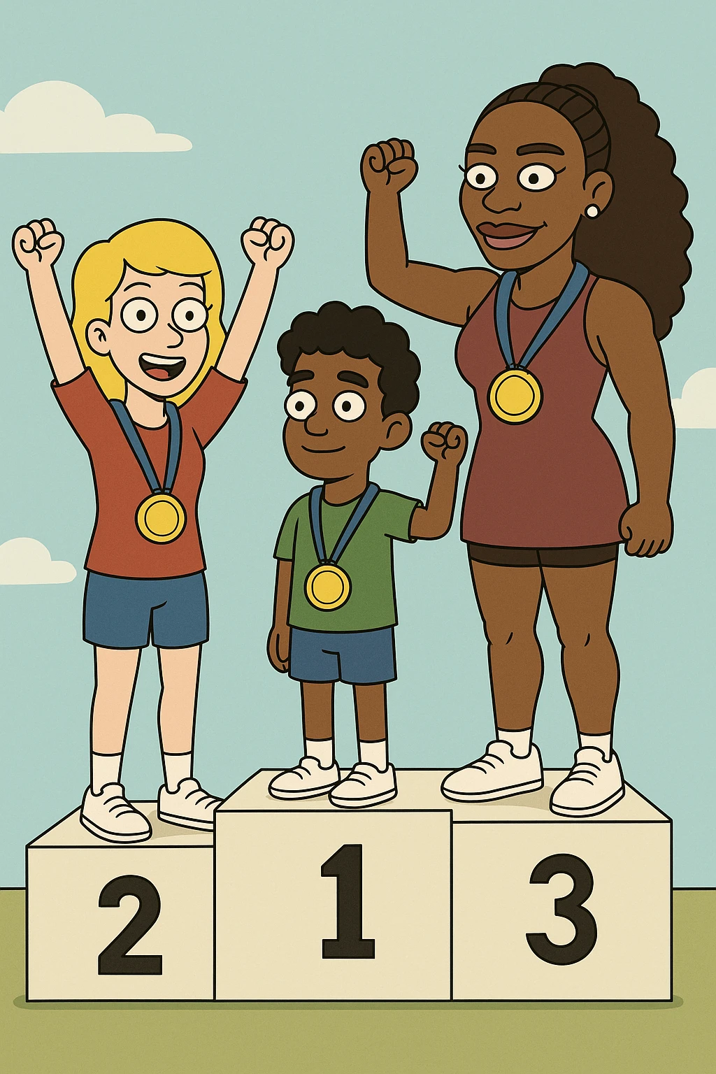 winners podium girl yellow hair Olympic Gold Medal a boy brown skin black Classic Curl hair Olympic Gold Medal Serena Williams Olympic Gold Medal  emoji