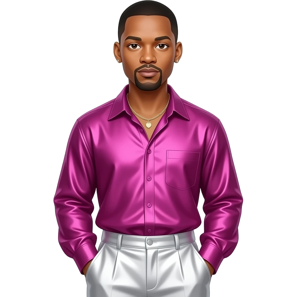 Will Smith with dark brown eyes, black hair, fuchsia metallic blouse, white metallic baggy pants, necklace and short earrings emoji