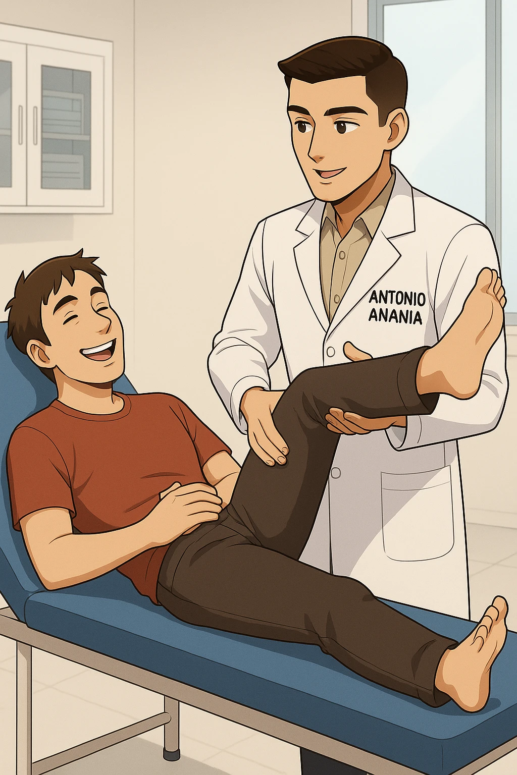fai un webtoon manga a colori con questo stile, in cui un uomo è steso sul lettino medico e il kinesiologo con il camice bianco (fagli anche la scritta "ANTONIO ANANIA" SUL CAMICE, gli solleva una gamba per fargli il test neuromuscolare, IL KINESIOLOGO SPIEGA ALL'UOMO UNA cosa mentre gli alza la gamba. l'espressione dell'uomo è felice e soddisfatta, non fare i fumetti però, fai solo in modo che sembri stiano parlando, il lettino fai in modo che si veda tutto intero emoji