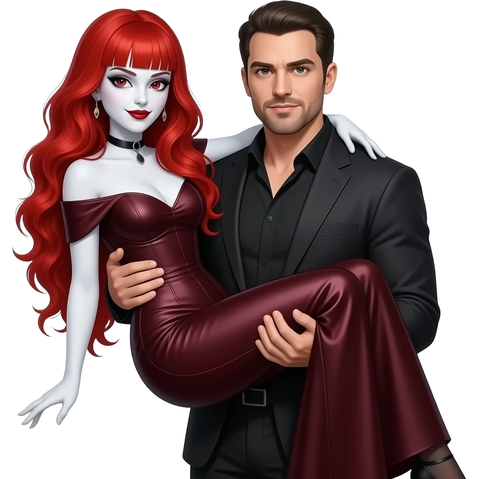 Vampiro femmina con capelli lunghi rosso fuoco ondulati e con una frangetta con pelle bianca che indossa un vestito stretto in vita e largo sotto lungo e sta in braccio al papà emoji