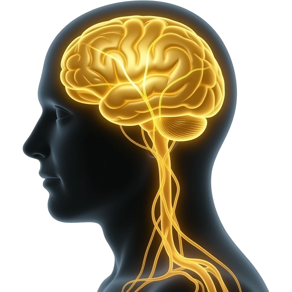 human silhouette with visible glowing gold brain inside, neural connections lighting up emoji