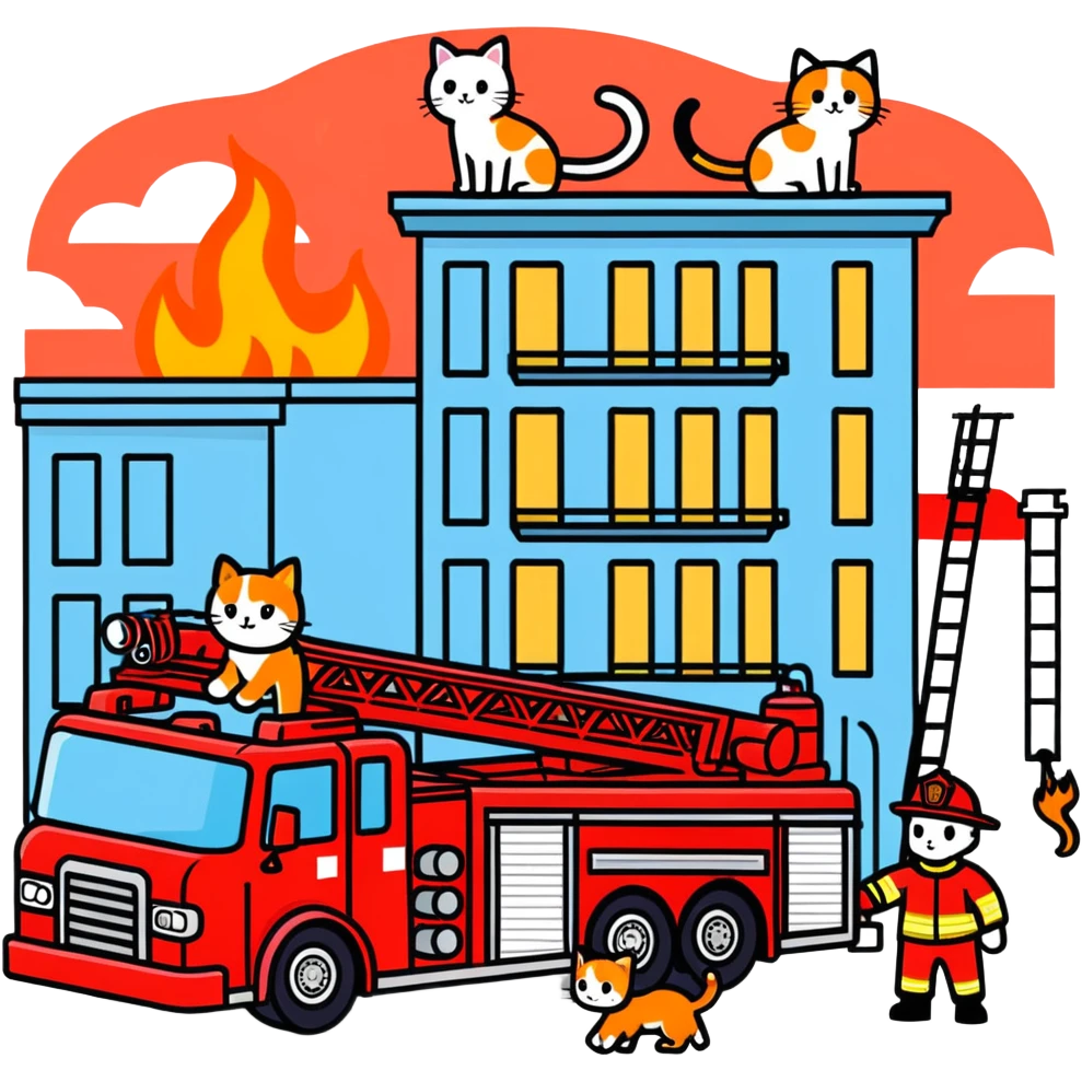 Fire truck with aerial ladder four firemen rescuing a cat emoji