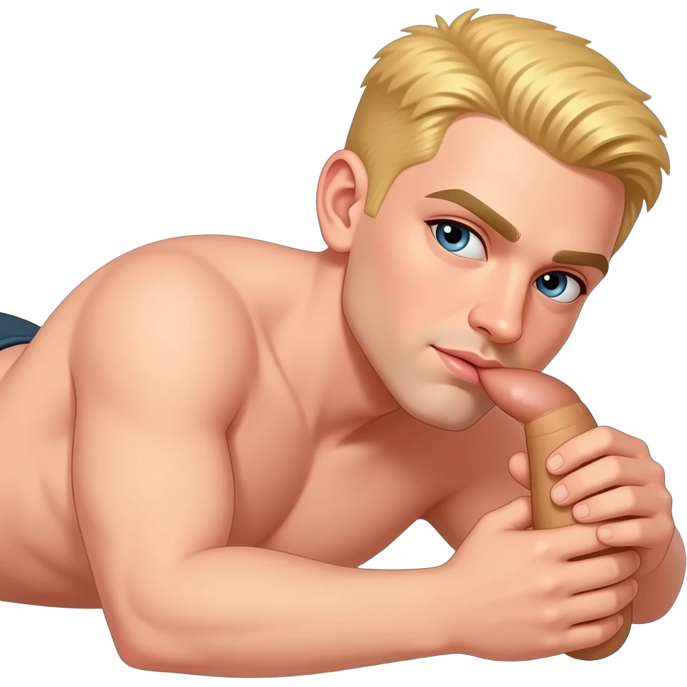 Tạo ảnh người đàn ông tóc ngắn màu vàng da trắng nằm khoả thân và thủ dâm với dương vật của mình emoji