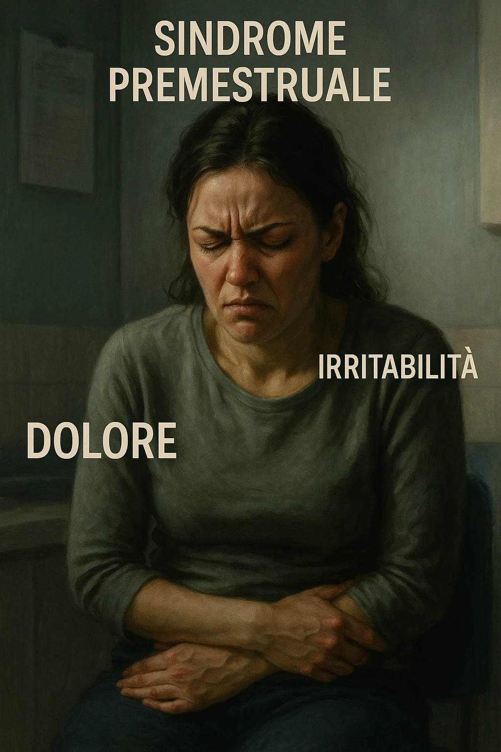 realistic illustration of a woman showing pain and irritability due to premenstrual syndrome, contracted posture, clinical atmosphere, dramatic lighting, Italian captions, vertical 2:3 format emoji