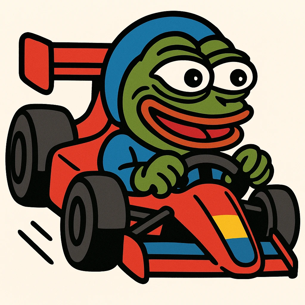 Pepe the Frog driving an F1 race car, energetic, fun, mascot style emoji