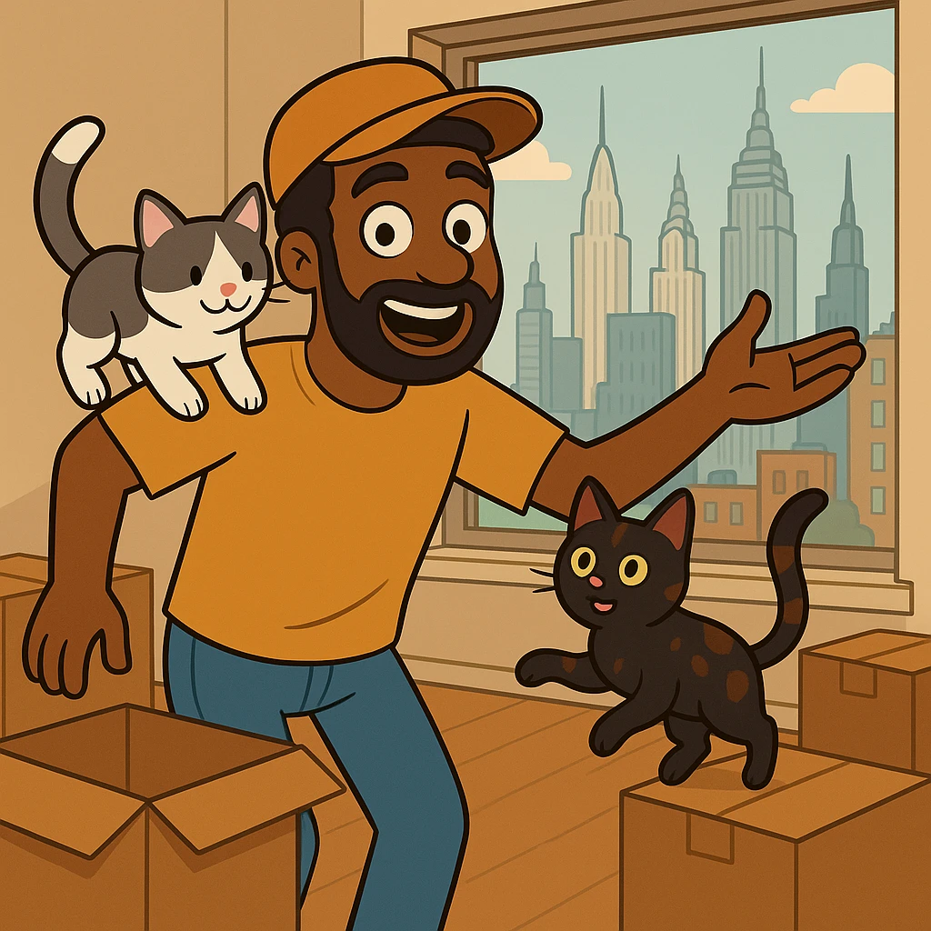 Edit the image to have one cat white and gray, the other cat dark brown and black. The man should have medium length curly hair and be wearing a cap. Keep the NYC apartment moving scene and overall style consistent. emoji