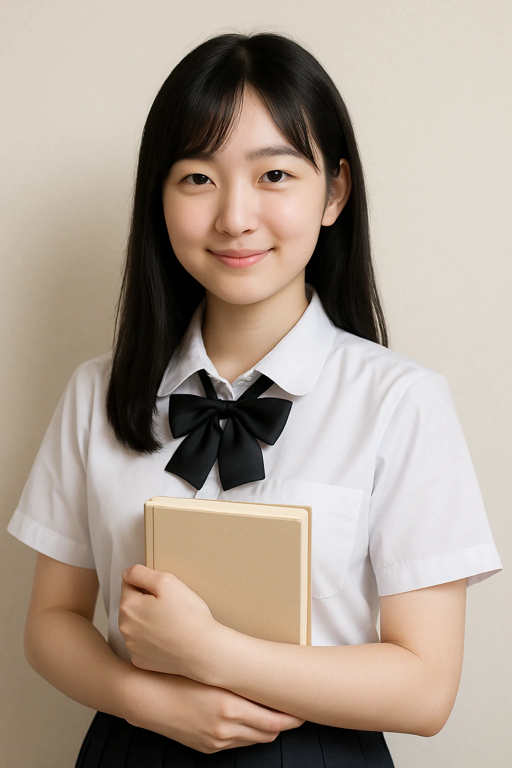 Asian girl with black hair and white skin, in a white school uniform, holding a book emoji