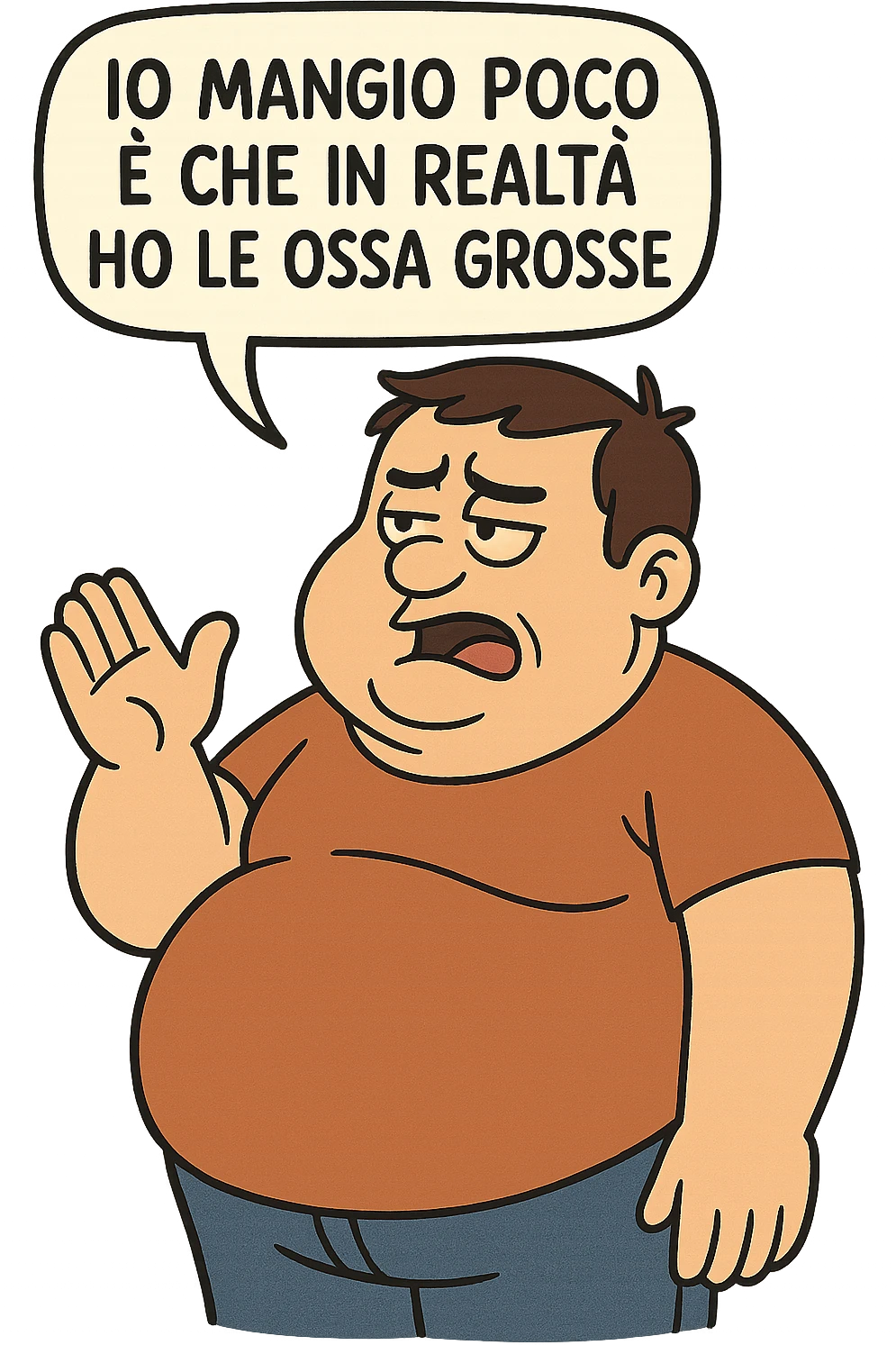 uomo che dice "Io mangio poco è che in realtà ho le ossa grosse" , trovando scuse per il suo peso corporeo emoji