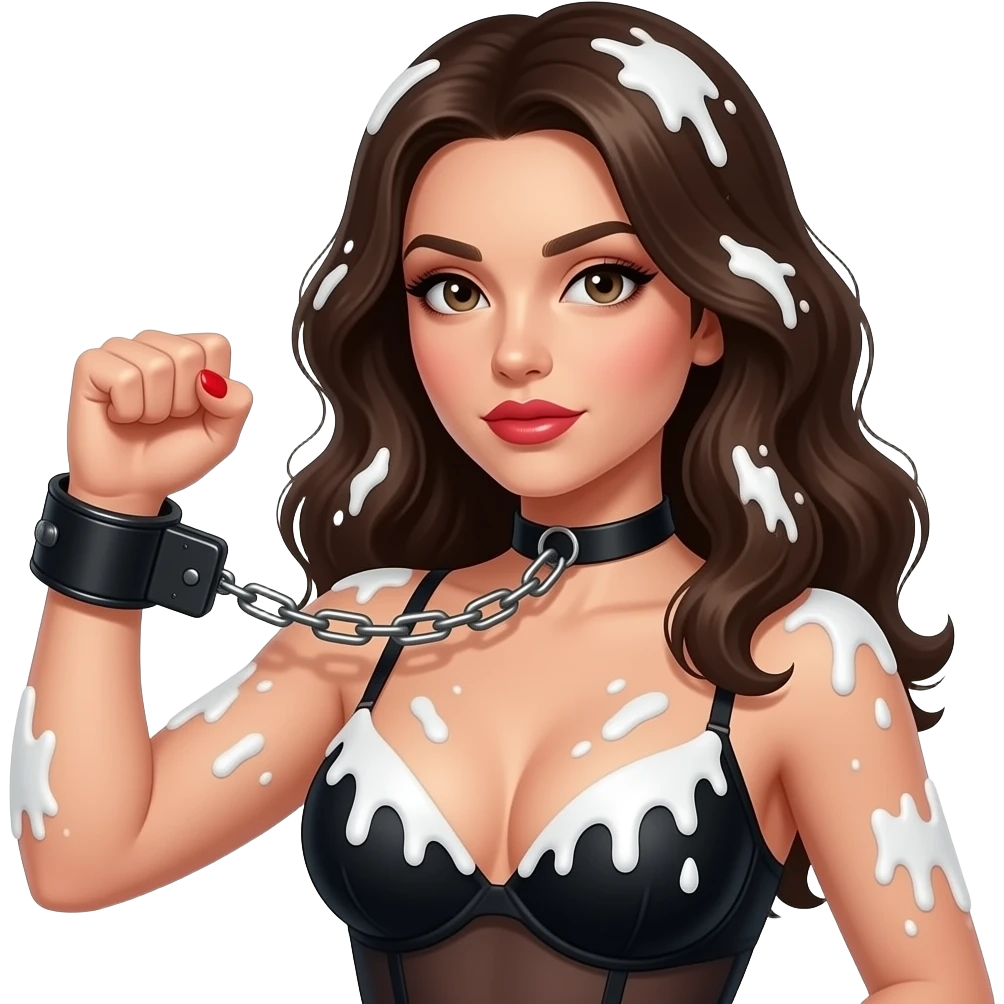Sexy brunette a black lingerie covers all over with splattered chunky whitecake batter with clenched fist and one red nailsblack leather hand cuffs   close-up emoji