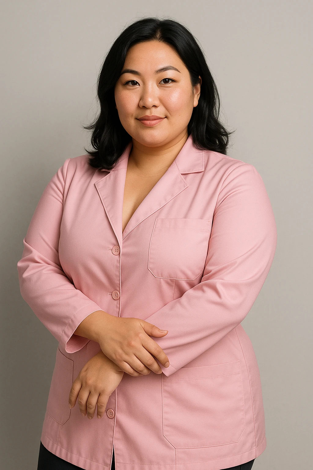 A beautiful white woman, Asian style, with black hair and a pink lab coat, posing confidently, slightly curvy. emoji