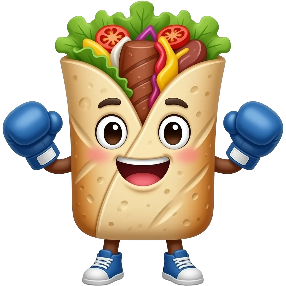 A living doner kebab emoji character, fully made of kebab (bread, meat, salad visible), wearing boxing gloves, no human features, cute competitive face, glossy emoji style emoji