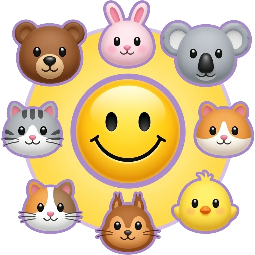 Smaller Yellow Smiley in the centre,with space to write around the smiley, circle form ,serrounded by the head only of these symbol 🐻🐰🐨🐈🐹🐿🐥, with bright yellow background, light purple outline emoji
