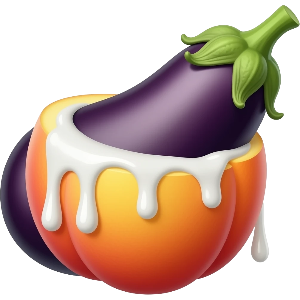 Eggplant going into peach opening with white stuff dripping out emoji