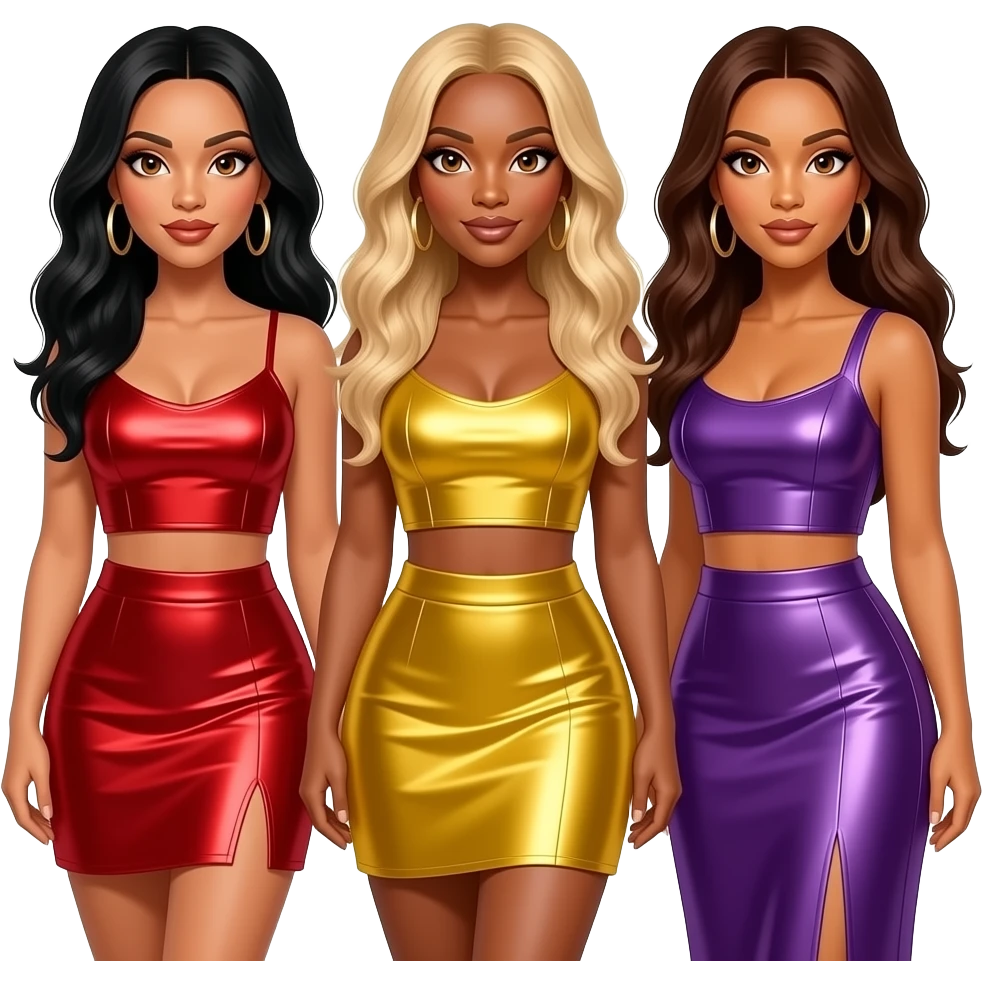Destiny's Child with Kelly with brown eyes, long black hair, red metallic crop top and skirt, Beyonce with hazel eyes, long blonde hair, yellow metallic crop top and skirt, Michelle with brown eyes, long dark auburn hair, purple metallic crop top and long skirt emoji