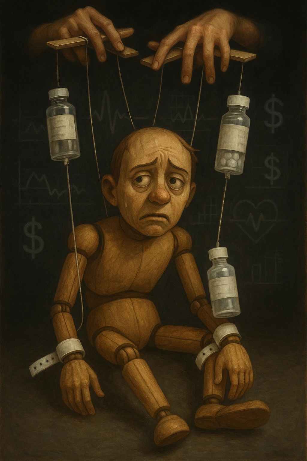 a marionette puppet with hospital bracelets and medication bottles as strings is controlled by unseen hands from above. The puppet’s face shows confusion and fatigue, representing the feeling of being managed by an invisible system. The background is dark, with faint images of medical charts and dollar signs. in italiano emoji