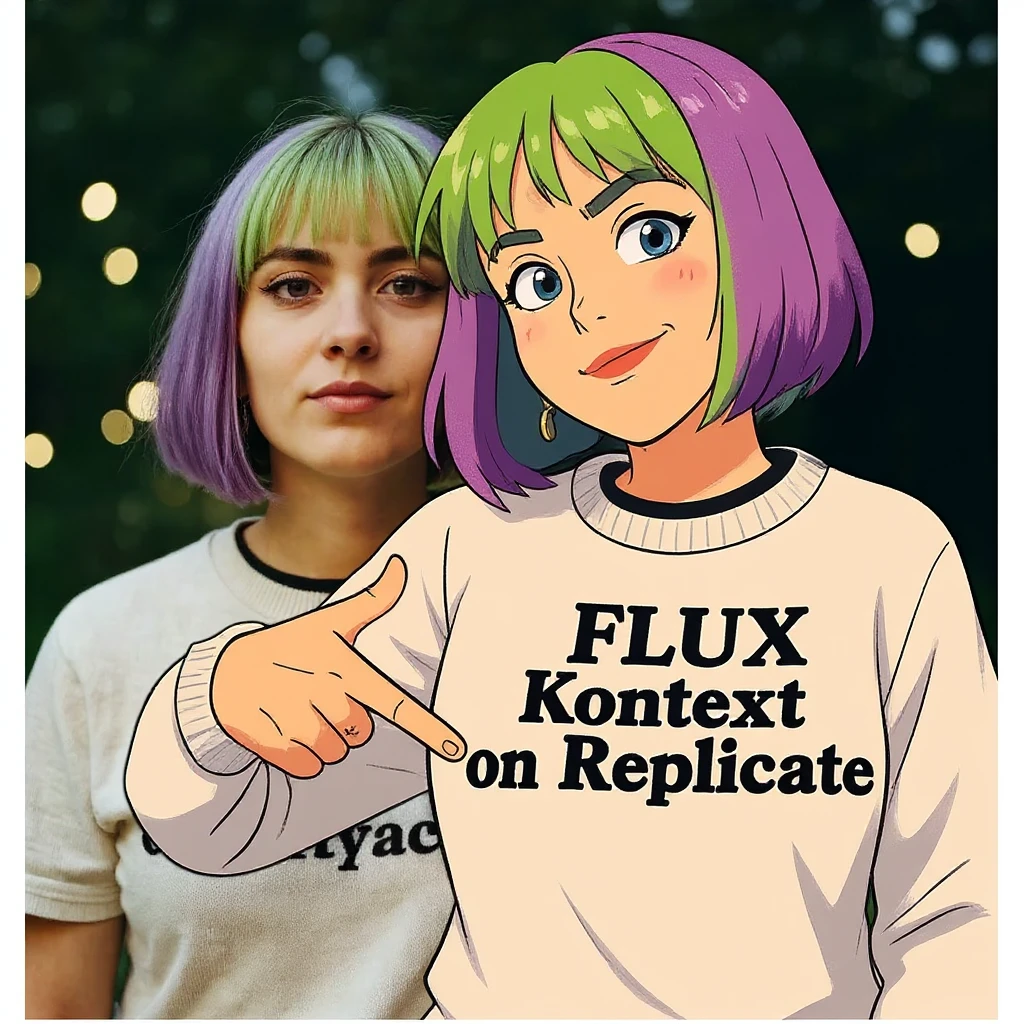 make a image of a girl with a anime version of that girl beside her wearing tshirt with text of "FLUX Kontext", avoid replicate emoji