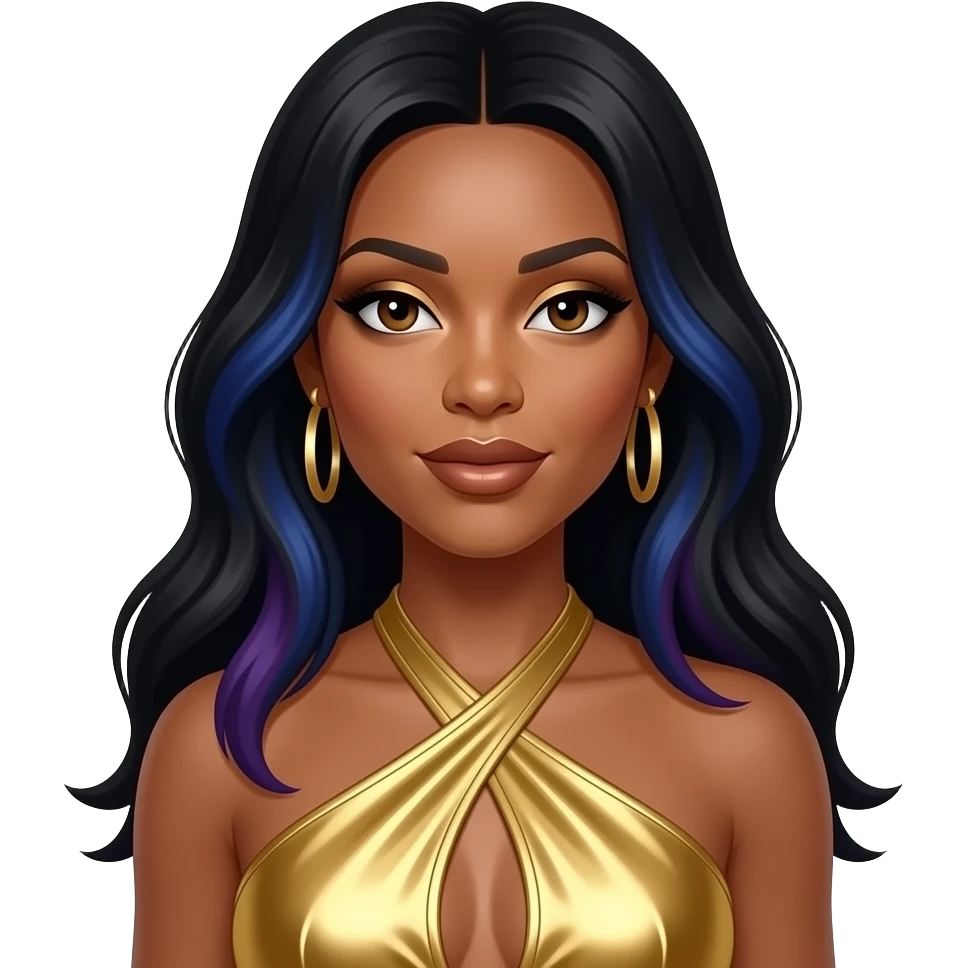 Tenitra Michelle Williams from Destiny's Child with dark brown eyes, long black hair with blue-violet highlights, gold eyeshadow, bronze lipstick, gold metallic halter dress, gold earrings emoji
