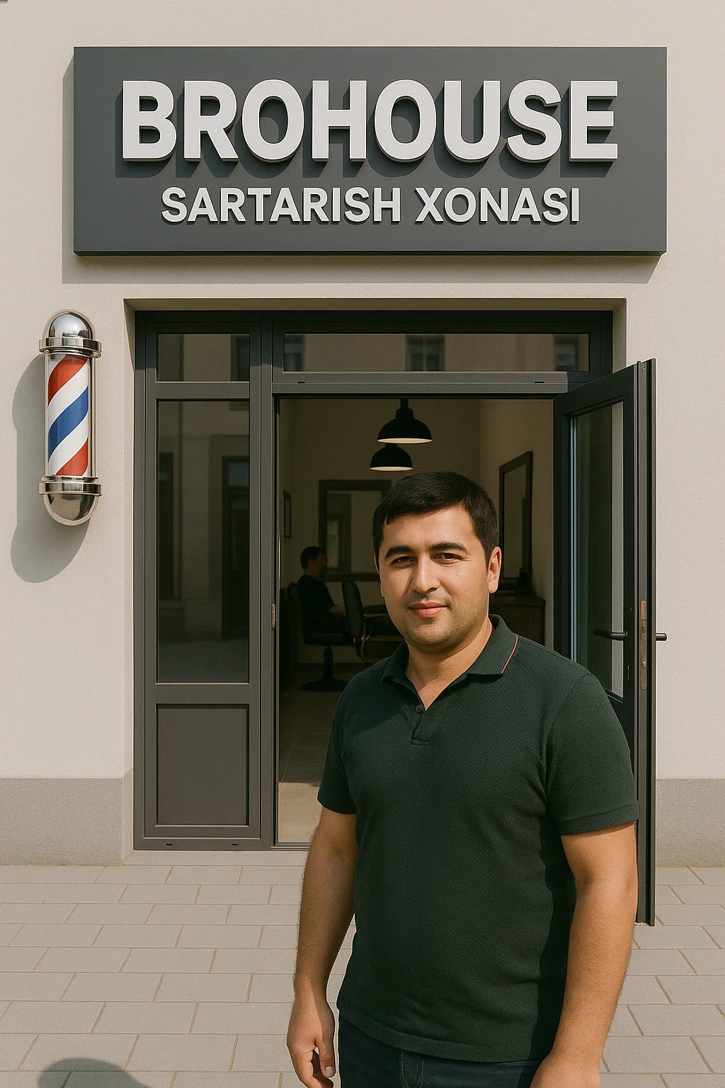 eni shu rasimga manashu odamga uxhshasin sartaosh eshik oldida tursin va tashqarida esa mijoz emoji