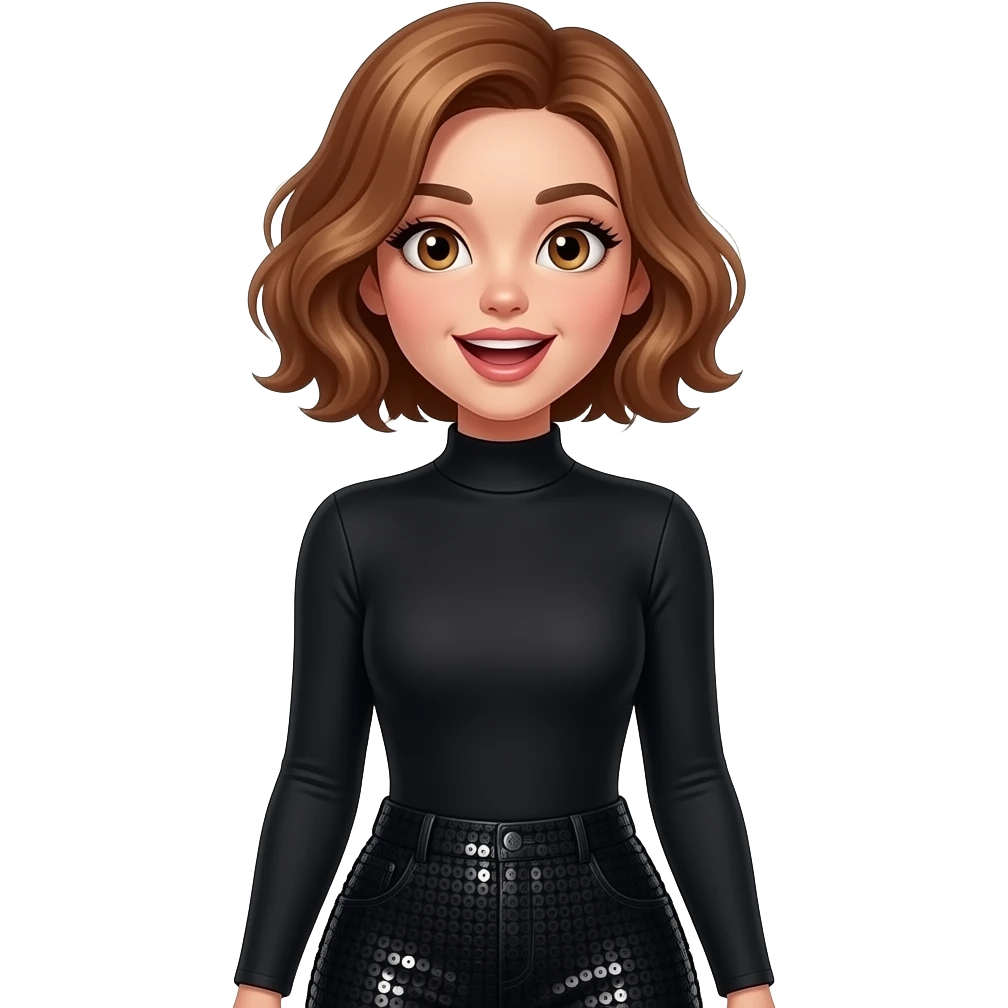 glamours,-tanned,-very-beautiful-girl,-with-big-pump-peach-beige-rose-lips,-long-long-lashes,-honey-silky-very short- hair,-wavy-hair,-hazel-eyes-in-black-long-sleeves-bodysuit-black sequinned pants-excited - from waist up. emoji