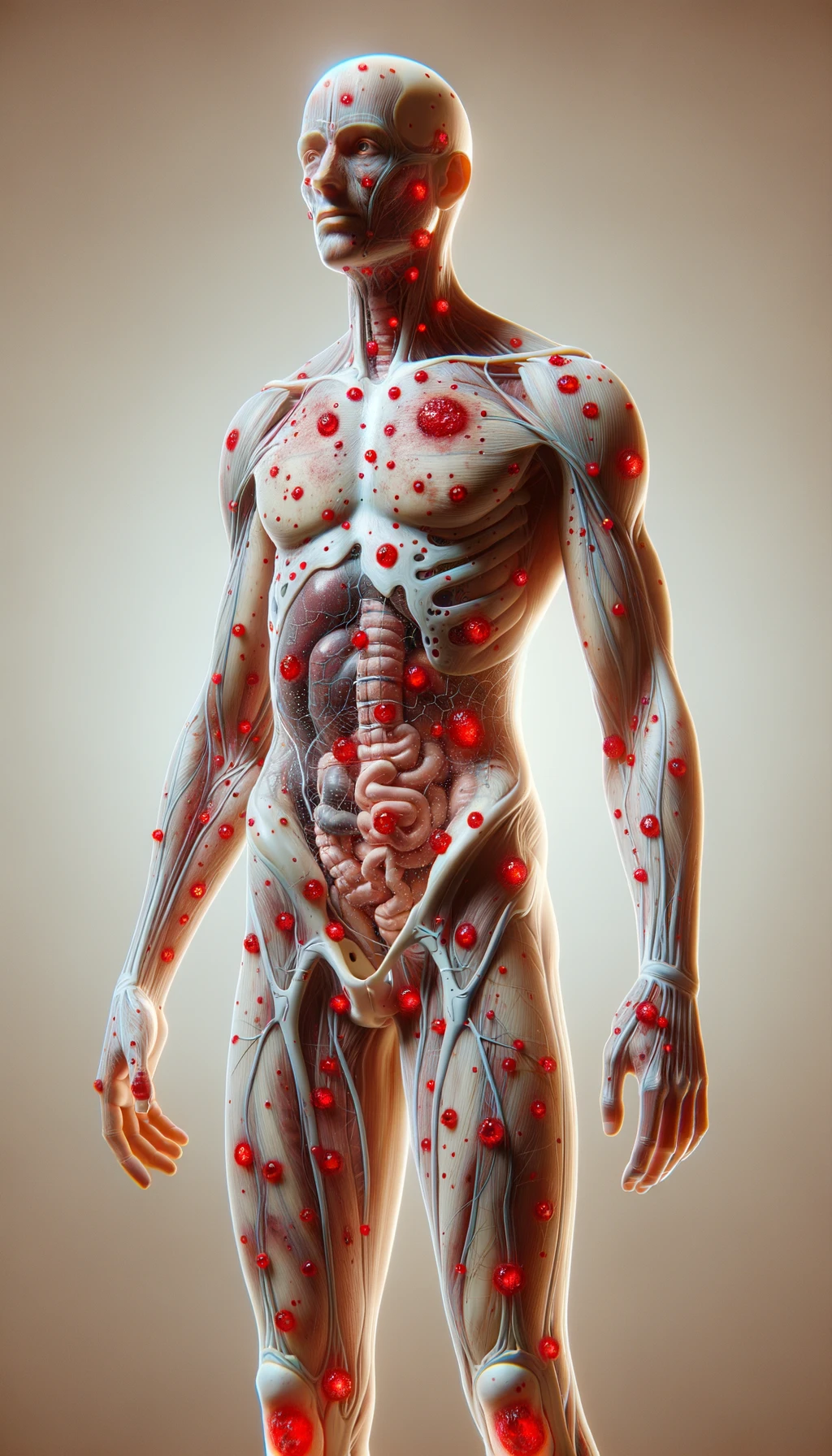 CORPO UMANO ANATOMICO CON RED SPOT DI INFIAMMAZIONE SPARSI SUL CORPO, SFONDO CHIARO, iperrealistico 4k emoji