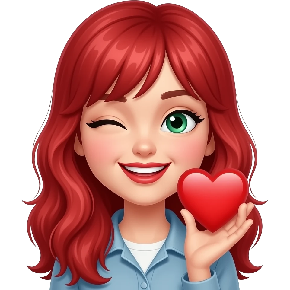 Ruby red  haired girl. With smoke. Green eyes. Smiley and flirty. No bangs. Red lips. Heart emoji. Winking. Blowing kisses emoji